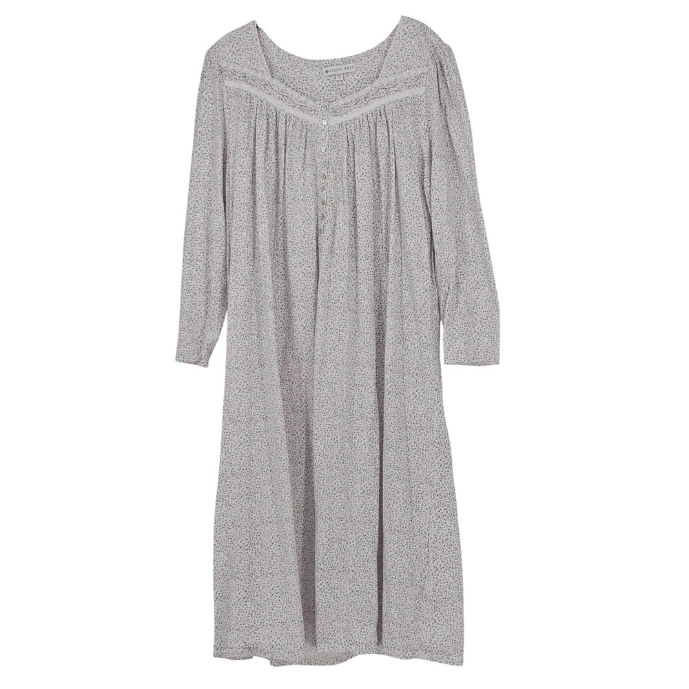 Eileen West Knit Nightgown 1X White Ditsy Floral Cottagecore Victorian LS Cotton